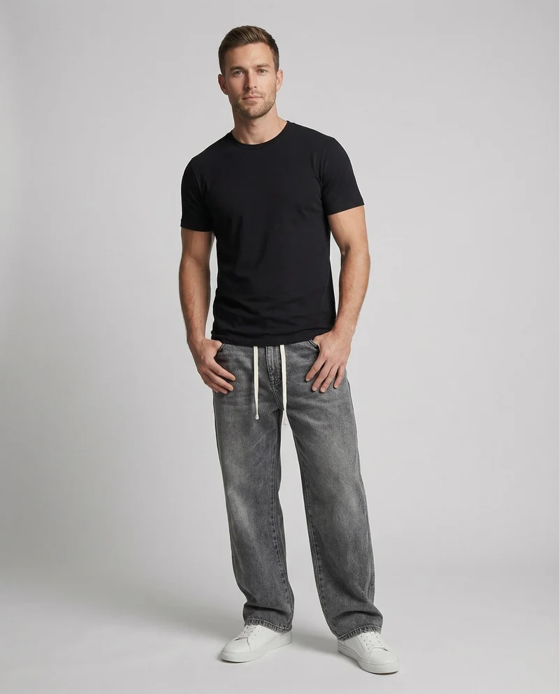 Unisex nan weite Baggy-Jeans im Vintage-Denim mit tiefem Schritt, markanter Seitennaht und elastischem Kordelbund Nord Taschen