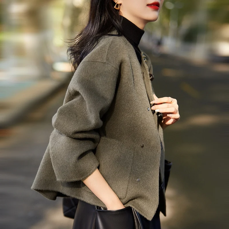 Damen Elegante Wolljacke mit Knöpfen Nord Taschen