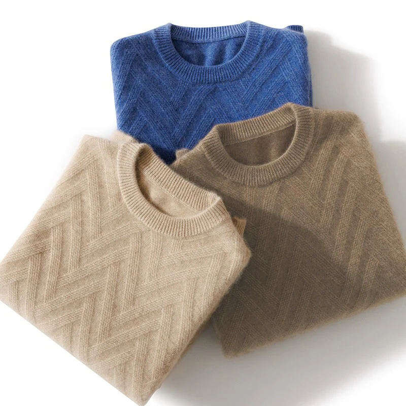 Herren Feiner Rundhalspullover aus Kaschmir‑Mix mit Chevron‑Struktur Nord Taschen