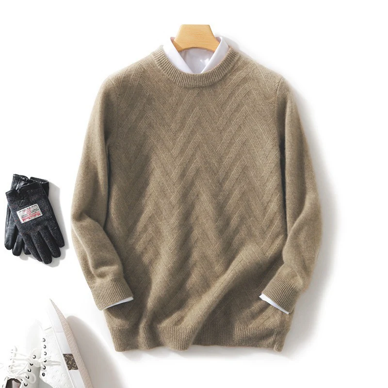 Herren Feiner Rundhalspullover aus Kaschmir‑Mix mit Chevron‑Struktur Nord Taschen