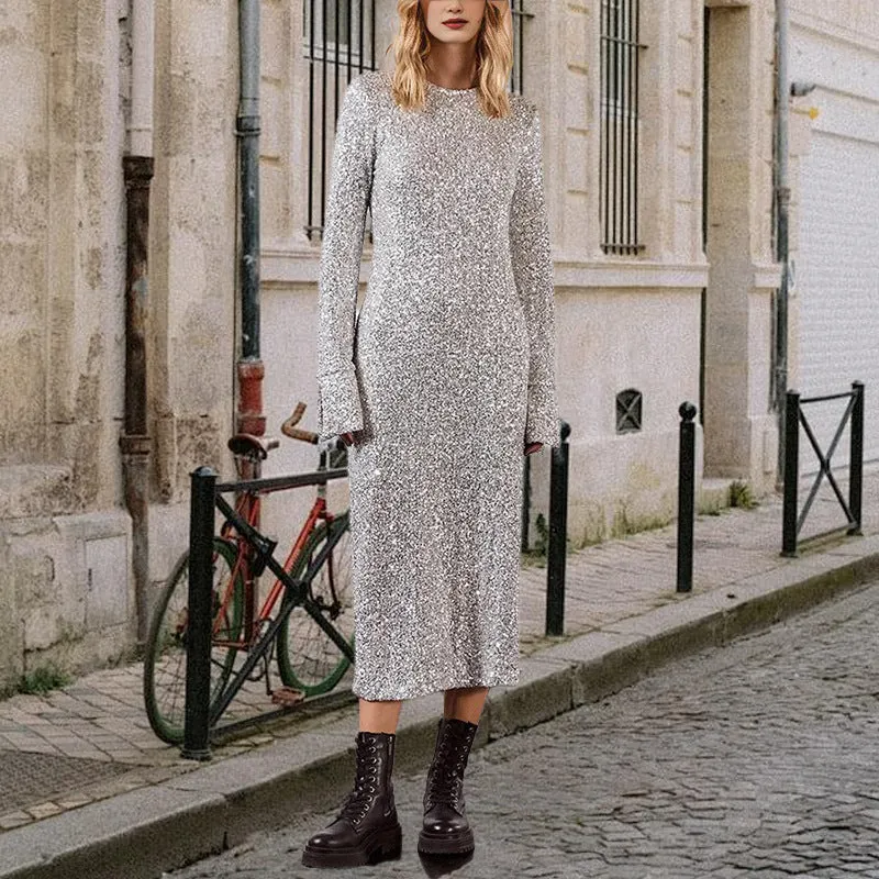 Damen Glitzerndes Langarmkleid