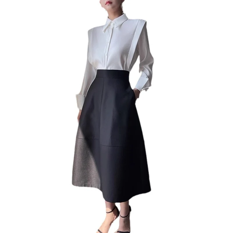 Damen Elegante Bluse mit modernem Schnitt und hoch tailliertem Rock Nord Taschen