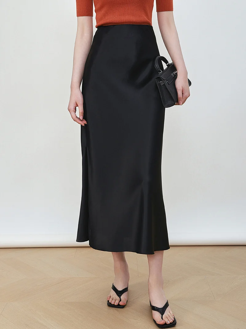 Damen Eleganter Hochtaillierter Satin-Midirock Nord Taschen