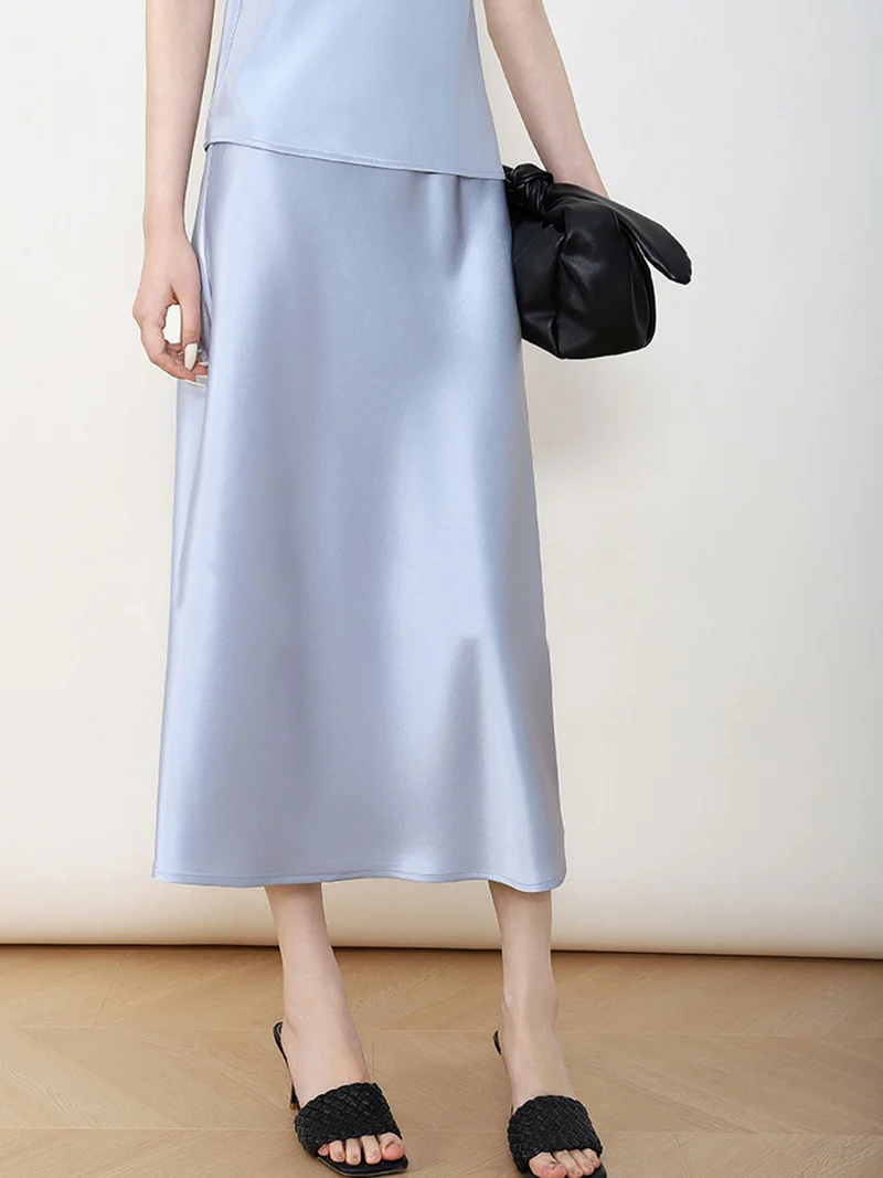 Damen Eleganter Hochtaillierter Satin-Midirock Nord Taschen