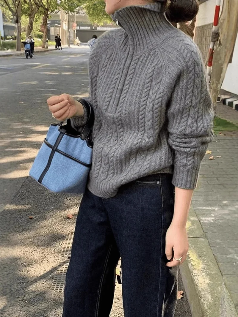 Damen Zopfstrick-Polokragenpullover mit Halbreißverschluss und weichem Mohair-Look Nord Taschen
