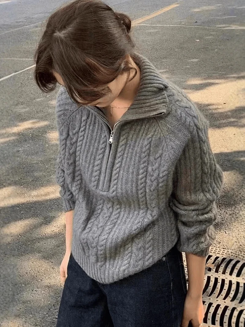 Damen Zopfstrick-Polokragenpullover mit Halbreißverschluss und weichem Mohair-Look Nord Taschen