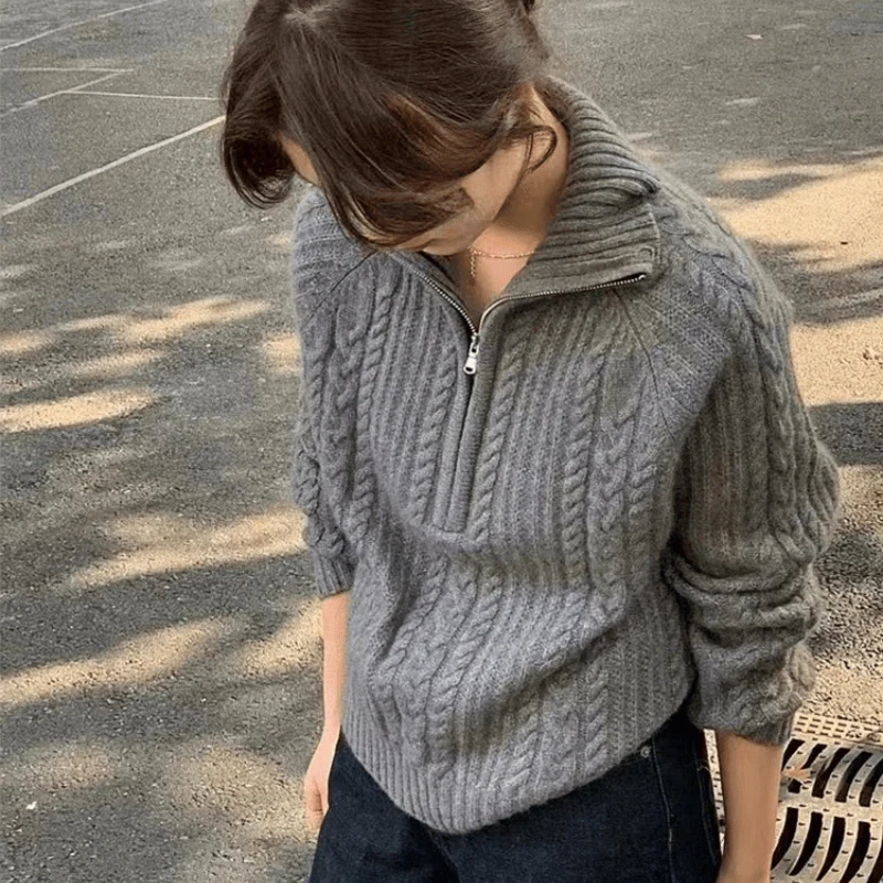 Damen Zopfstrick-Polokragenpullover mit Halbreißverschluss und weichem Mohair-Look Nord Taschen