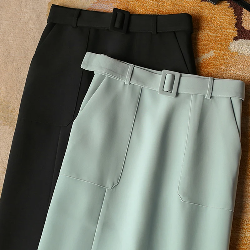 Damen Eleganter High-Waist Bleistiftrock mit Gürtel Nord Taschen