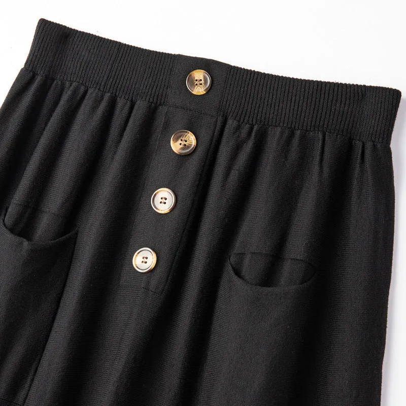 Damen Midirock aus Wollmix mit A‑Linie, elastischem Rippbund, Zierriegel‑Knopfleiste und aufgesetzten Taschen Nord Taschen