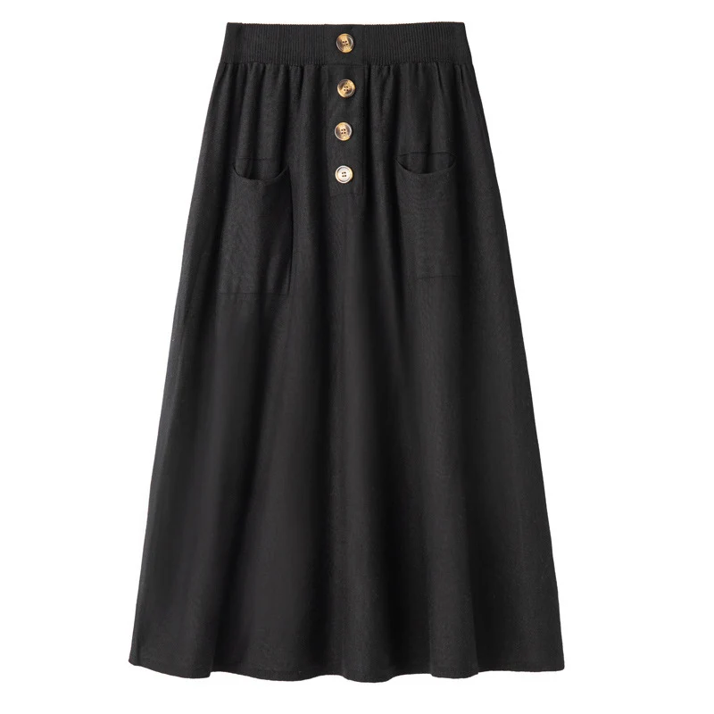 Damen Midirock aus Wollmix mit A‑Linie, elastischem Rippbund, Zierriegel‑Knopfleiste und aufgesetzten Taschen Nord Taschen