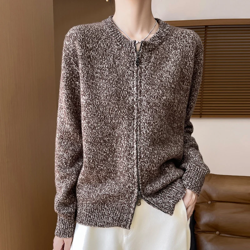 Damen Melierter Reißverschluss-Cardigan mit Zwei-Wege-Zipper und gerippten Bündchen Nord Taschen