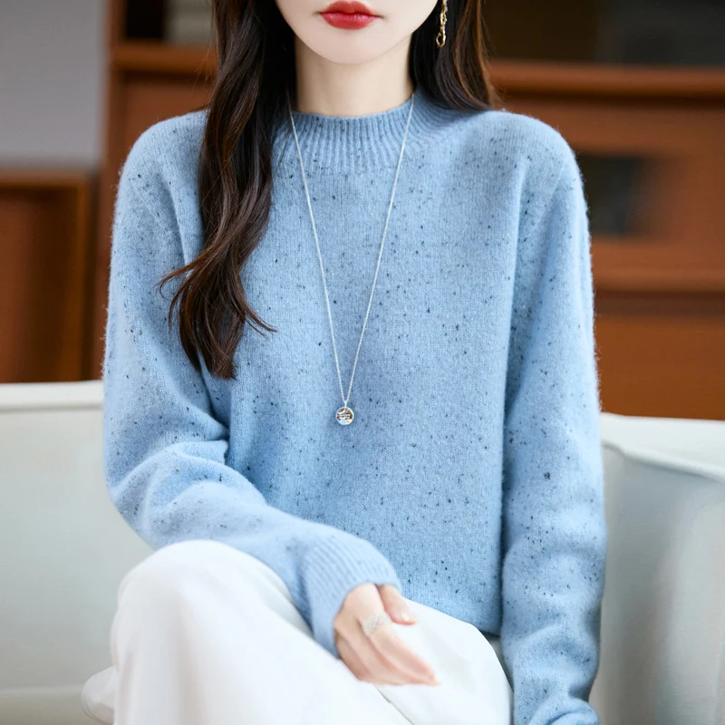 Damen Mélange-Feinstrickpullover mit kurzem Stehkragen und lockerer Silhouette Nord Taschen