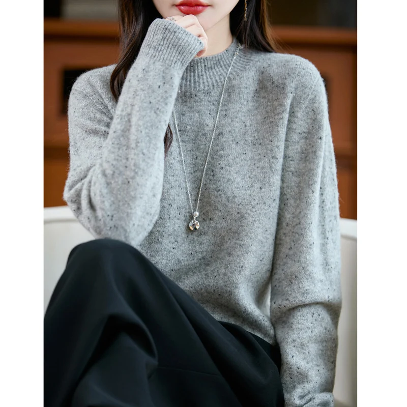 Damen Mélange-Feinstrickpullover mit kurzem Stehkragen und lockerer Silhouette Nord Taschen