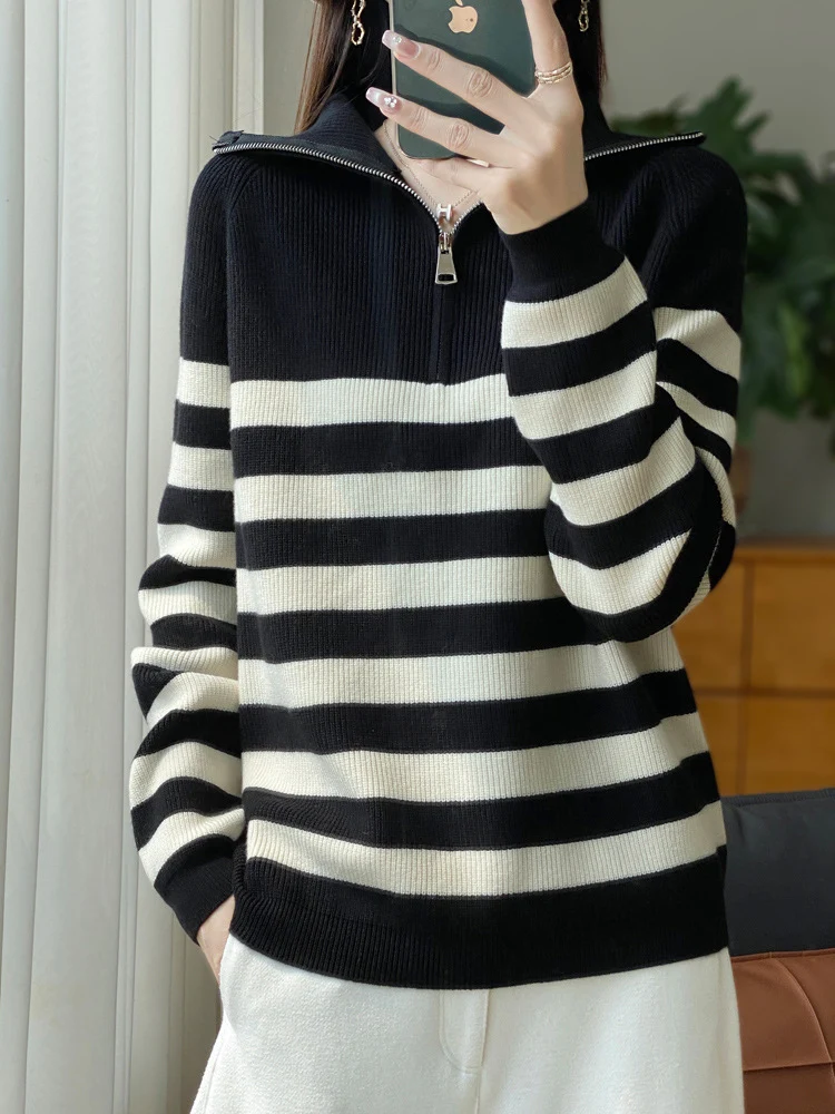 Damen Maritimer Troyer-Pullover aus feinem Rippstrick mit breiten Querstreifen Nord Taschen