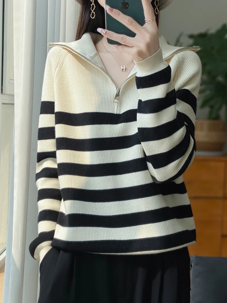Damen Maritimer Troyer-Pullover aus feinem Rippstrick mit breiten Querstreifen Nord Taschen