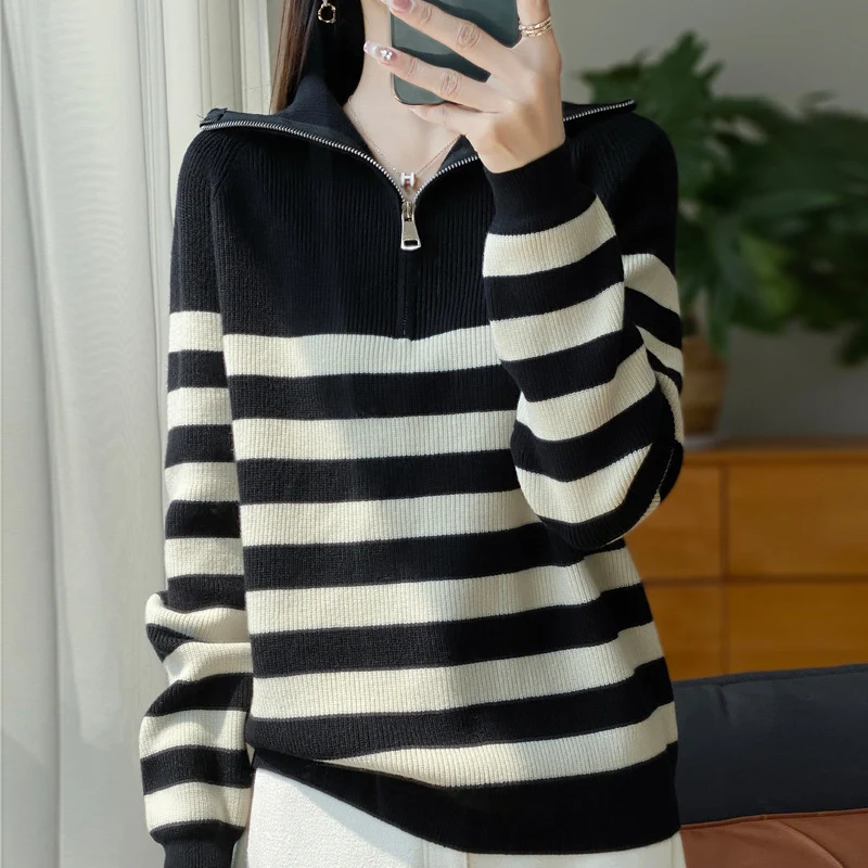 Damen Maritimer Troyer-Pullover aus feinem Rippstrick mit breiten Querstreifen Nord Taschen