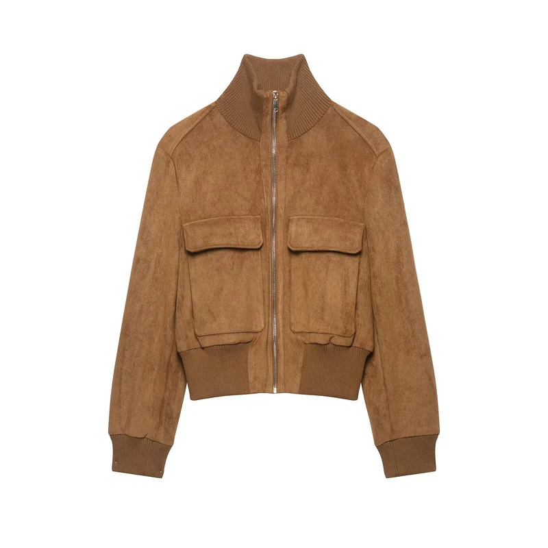 Damen kurzgeschnittene Wildleder-Bomberjacke mit hohem Rippkragen und Pattentaschen Nord Taschen