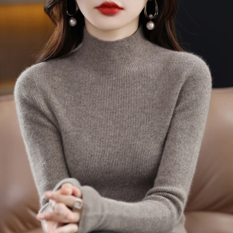 Damen Schmaler Mockneck-Feinstrickpullover mit extrafeiner Rippenstruktur und Kaschmir-Optik Nord Taschen