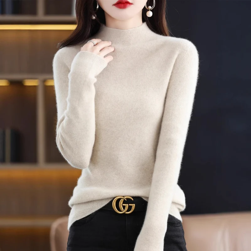 Damen Schmal geschnittener Mockneck-Pullover aus kaschmirähnlichem Feinstrick Nord Taschen