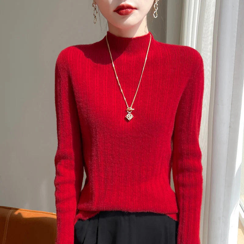 Damen Schmal geschnittener Feinstrick-Pullover mit kurzem Stehkragen und feiner Rippenstruktur Nord Taschen
