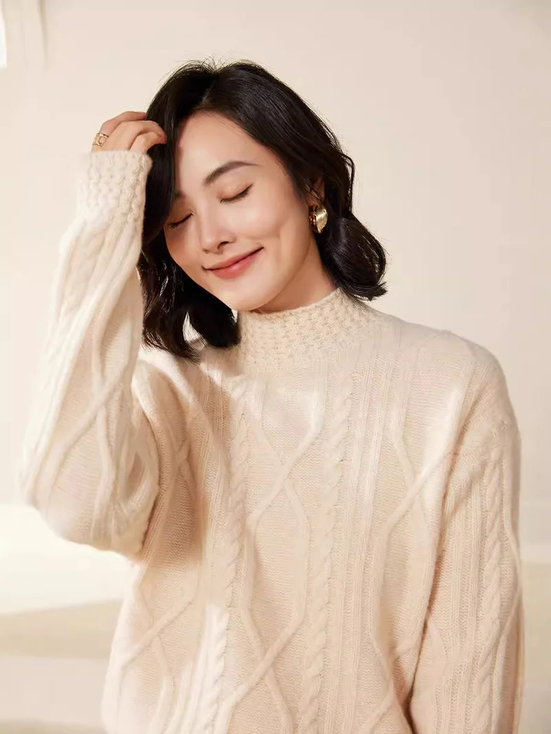 Damen Zopfstrick-Mockneckpullover mit kurzer Boxy-Silhouette Nord Taschen