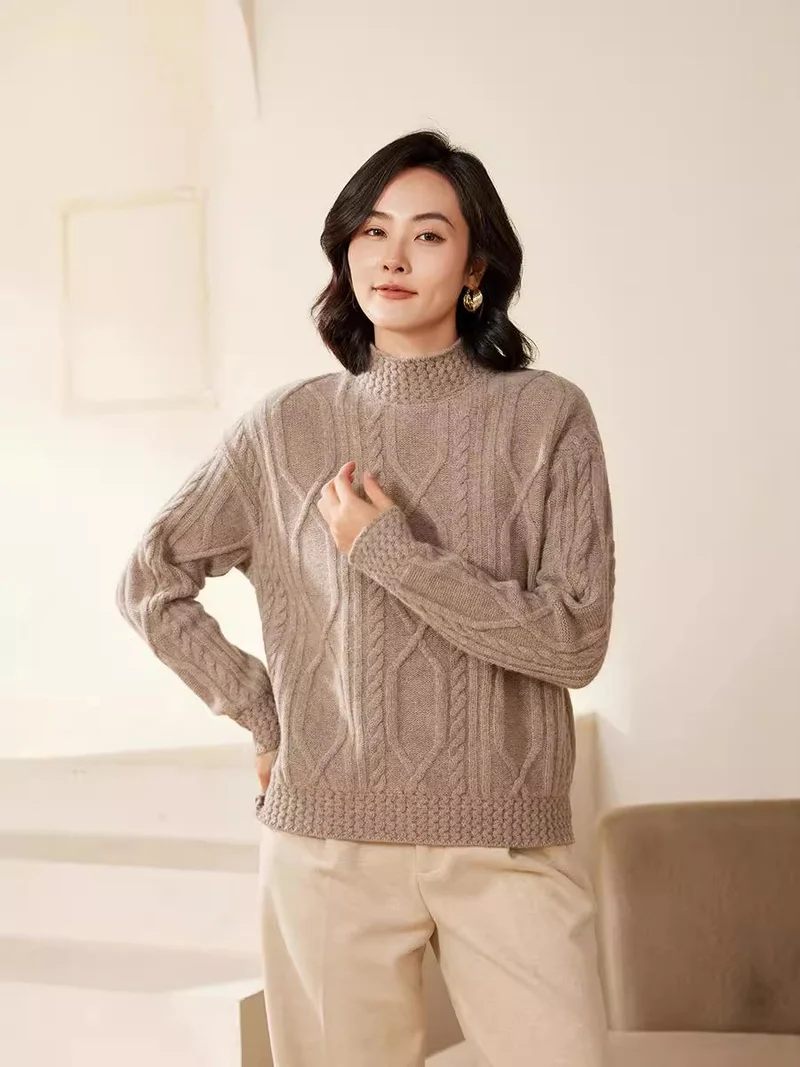 Damen Zopfstrick-Mockneckpullover mit kurzer Boxy-Silhouette Nord Taschen