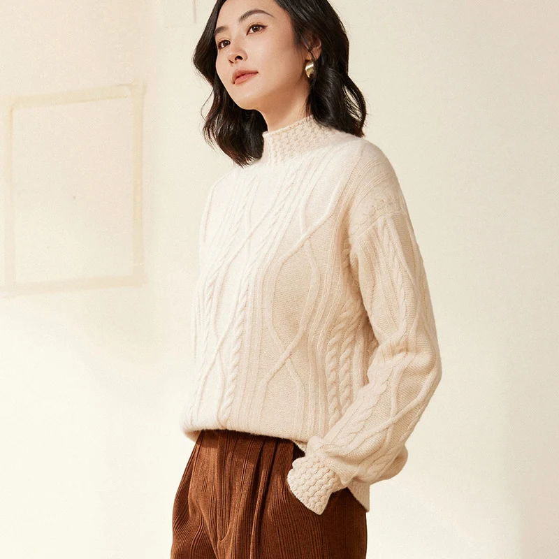 Damen Zopfstrick-Mockneckpullover mit kurzer Boxy-Silhouette Nord Taschen