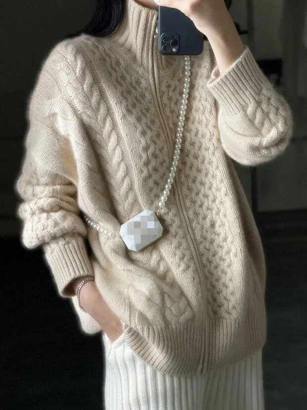 Damen Zopfmuster‑Strickjacke mit Reißverschluss und hohem Rippkragen Nord Taschen