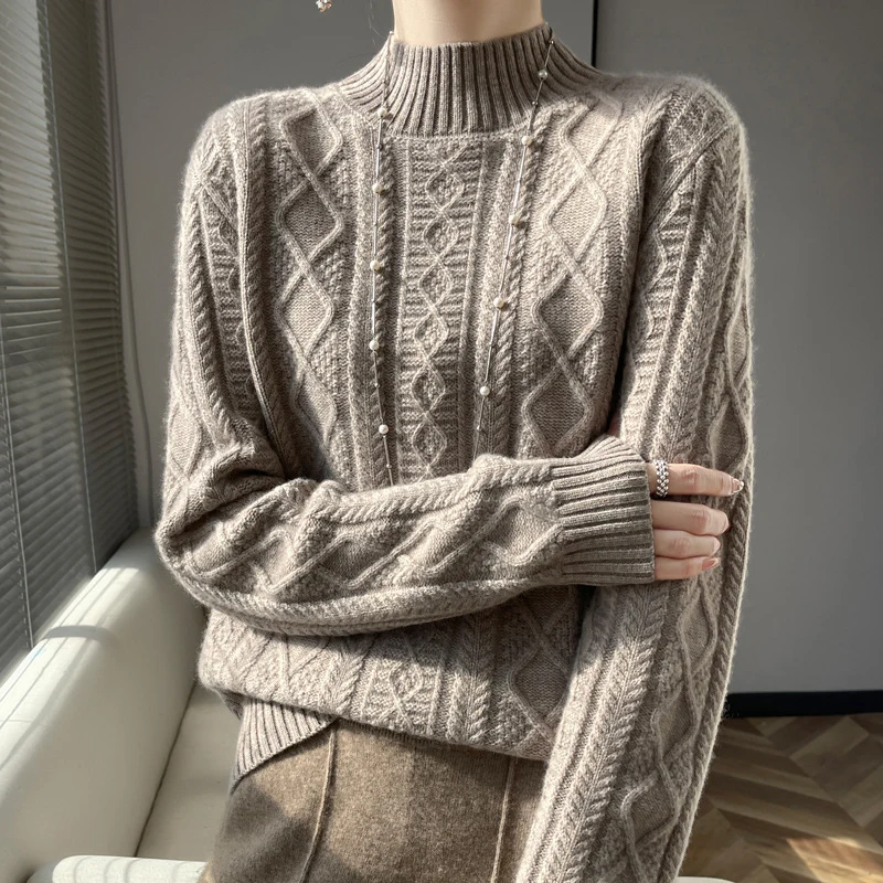 Damen Zopfmuster-Mockneckpullover mit feinem Ajour‑Detail und flauschiger Kaschmir‑Optik Nord Taschen