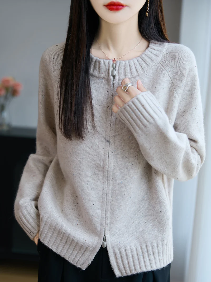 Damen Zip-Strickjacke mit Rundhalsausschnitt, feinem Nep‑Garn und gerippten Abschlüssen Nord Taschen