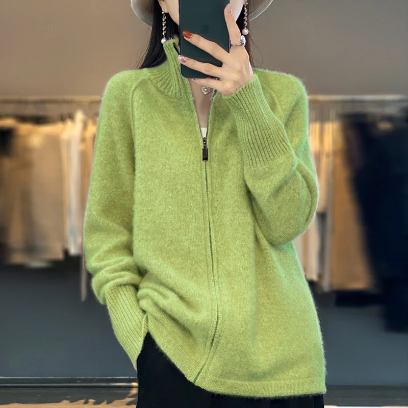 Damen Zip-Cardigan im Kaschmir‑Look mit Stehkragen und gerippten Bündchen Nord Taschen