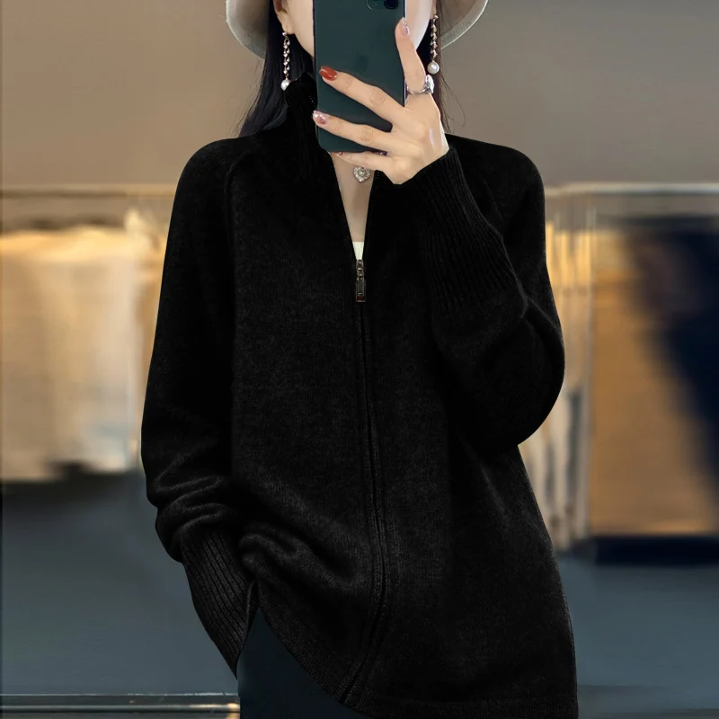 Damen Zip-Cardigan im Kaschmir‑Look mit Stehkragen und gerippten Bündchen Nord Taschen