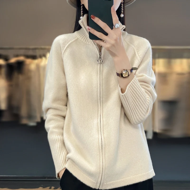 Damen Zip-Cardigan im Kaschmir‑Look mit Stehkragen und gerippten Bündchen Nord Taschen
