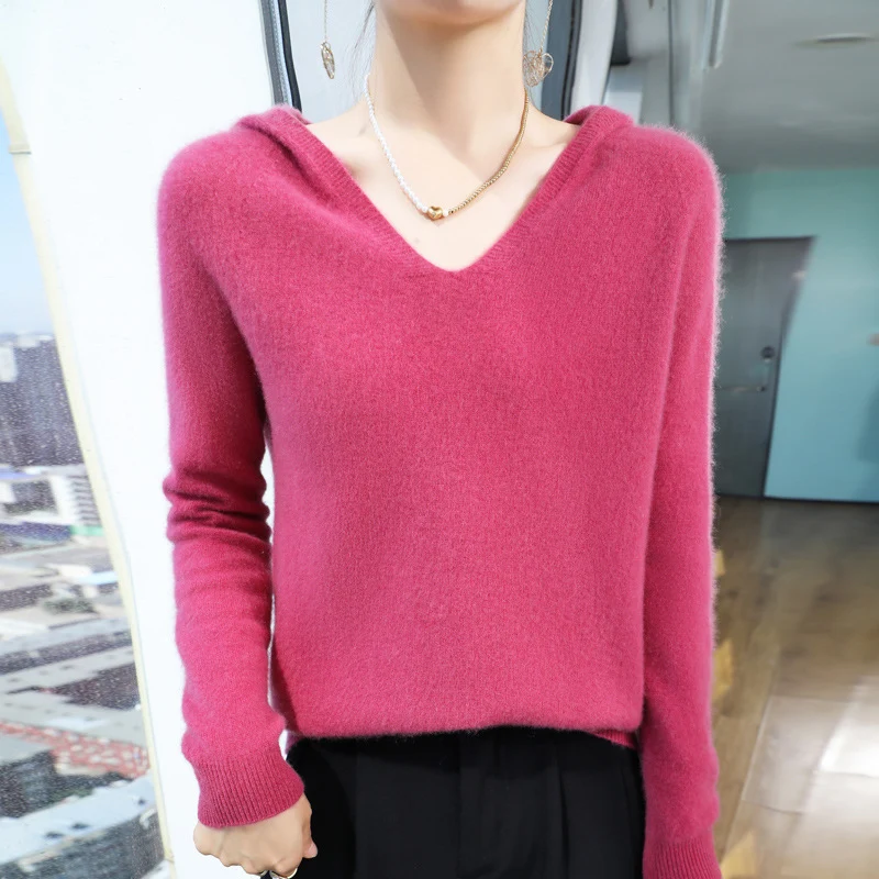 Damen Kuscheliger Kapuzenpullover im Angora‑Look mit feinem Rippbund Nord Taschen