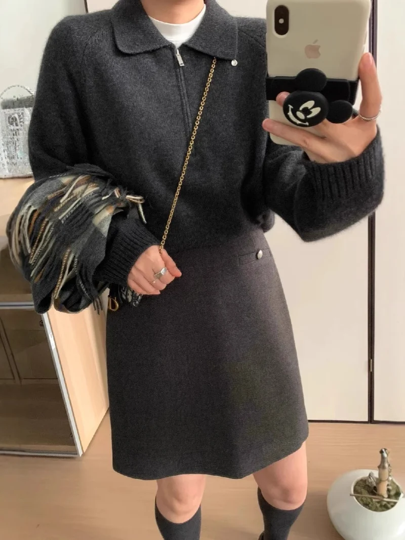 Damen Kurzzip-Polo-Pullover aus flauschigem Wollmix mit kastiger Silhouette Nord Taschen