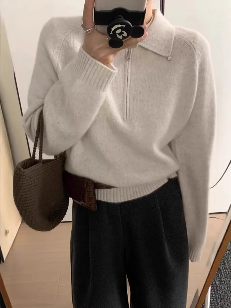 Damen Kurzzip-Polo-Pullover aus flauschigem Wollmix mit kastiger Silhouette Nord Taschen