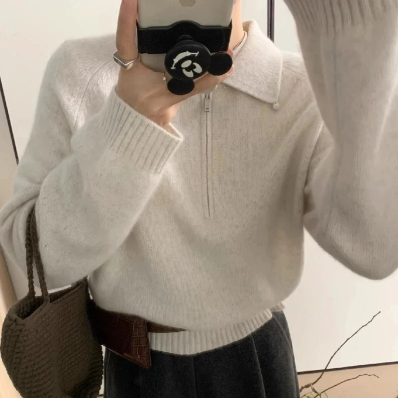 Damen Kurzzip-Polo-Pullover aus flauschigem Wollmix mit kastiger Silhouette Nord Taschen