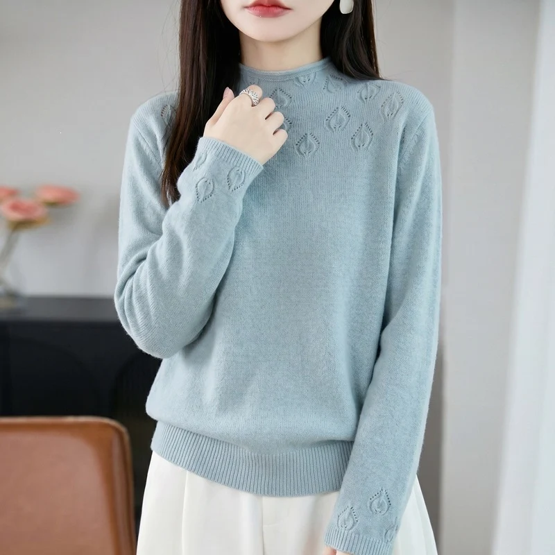 Damen Kurzrollkragenpullover aus Feinstrick mit Ajour‑Yoke und geripptem Saum Nord Taschen