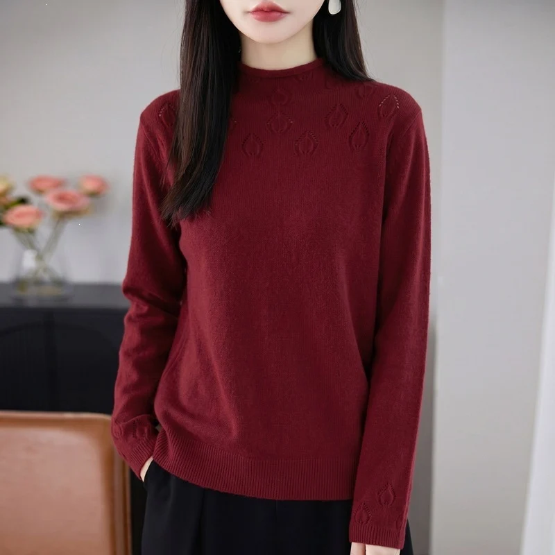 Damen Kurzrollkragenpullover aus Feinstrick mit Ajour‑Yoke und geripptem Saum Nord Taschen
