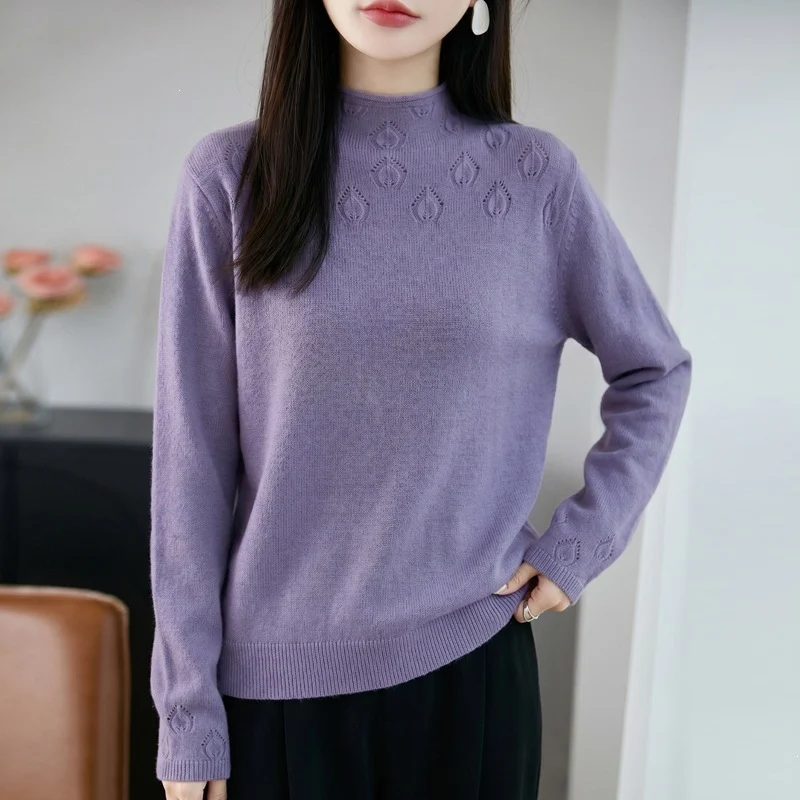 Damen Kurzrollkragenpullover aus Feinstrick mit Ajour‑Yoke und geripptem Saum Nord Taschen