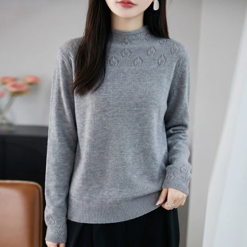 Damen Kurzrollkragenpullover aus Feinstrick mit Ajour‑Yoke und geripptem Saum Nord Taschen