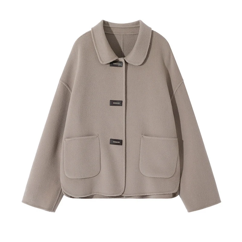 Damen Kurzmantel aus Wollmix mit Hemdkragen, kastiger Silhouette und Eingrifftaschen Nord Taschen