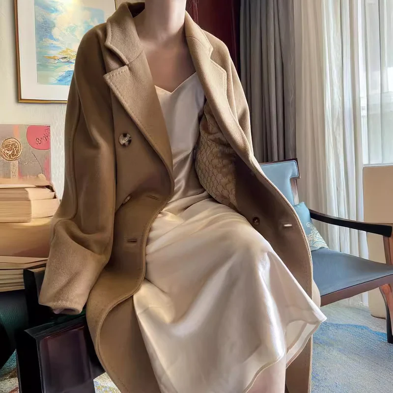 Damen Eleganter Doppeltbreasted Wollmantel Nord Taschen