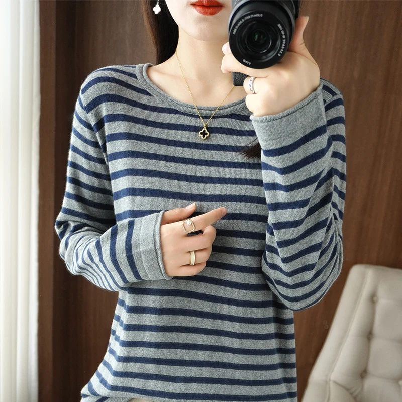 Damen Maritim inspirierter Baumwoll-Feinstrickpullover mit Streifen und leicht kastiger Silhouette Nord Taschen
