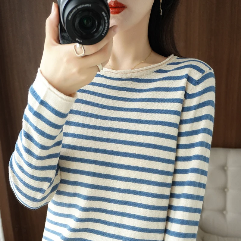 Damen Maritim inspirierter Baumwoll-Feinstrickpullover mit Streifen und leicht kastiger Silhouette Nord Taschen