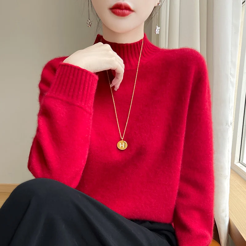 Damen Luxusweicher Midweight-Mockneckpullover aus Angora‑Optik mit feiner Rippe und entspannter Silhouette Nord Taschen