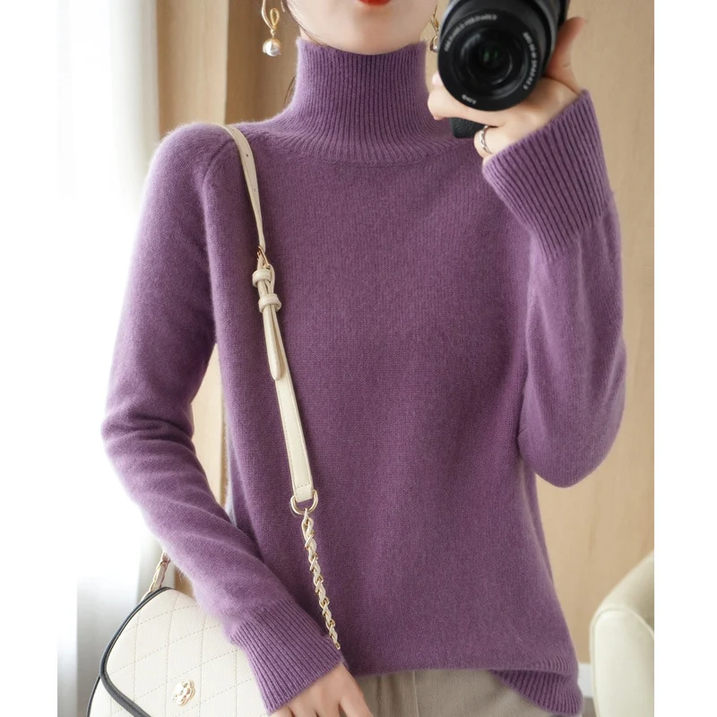 Damen Luxus-Feinstrick-Rollkragenpullover mit Daumenlochbündchen und femininer Schulterpasse Nord Taschen