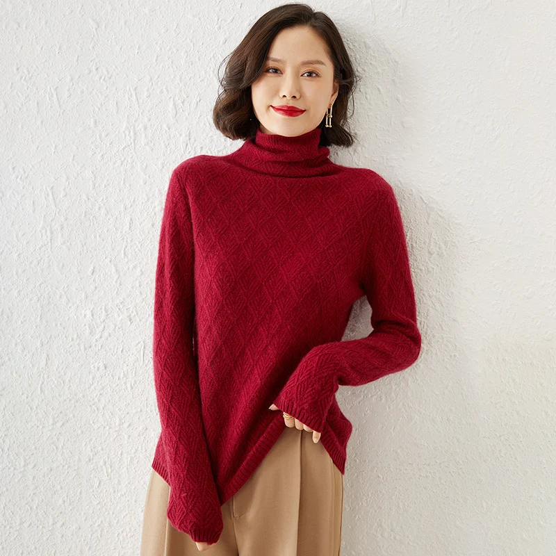 Damen Luxuriöser Mohair‑Mix Rollkragenpullover mit diamantgewNord Taschenter Ajourstruktur Nord Taschen