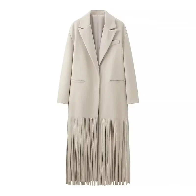 Damen 10+ langer Oversize‑Mantel mit Fransenbesatz und kastiger Silhouette Nord Taschen