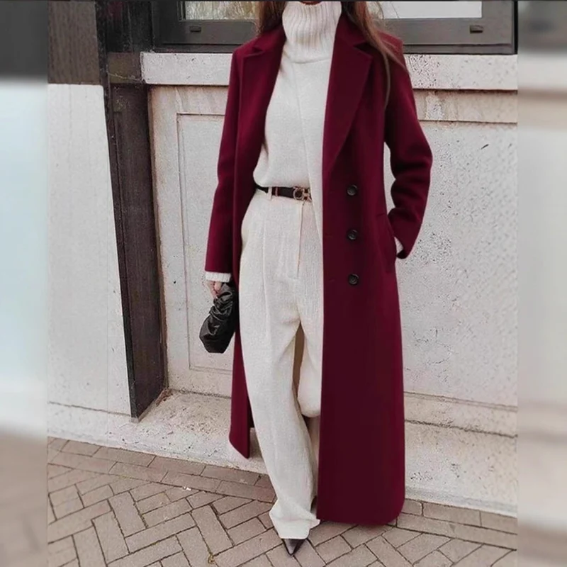 Damen Wollmantel lang – zweireihig, mit tiefen Taschen